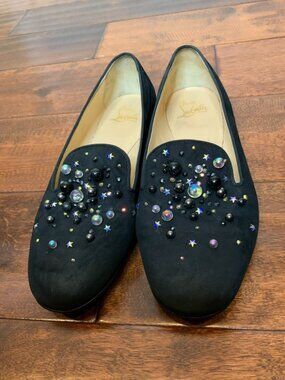 Christian Louboutin Black Flats Loafers W/Beaded Celestial Stars, Size 38 | 8
